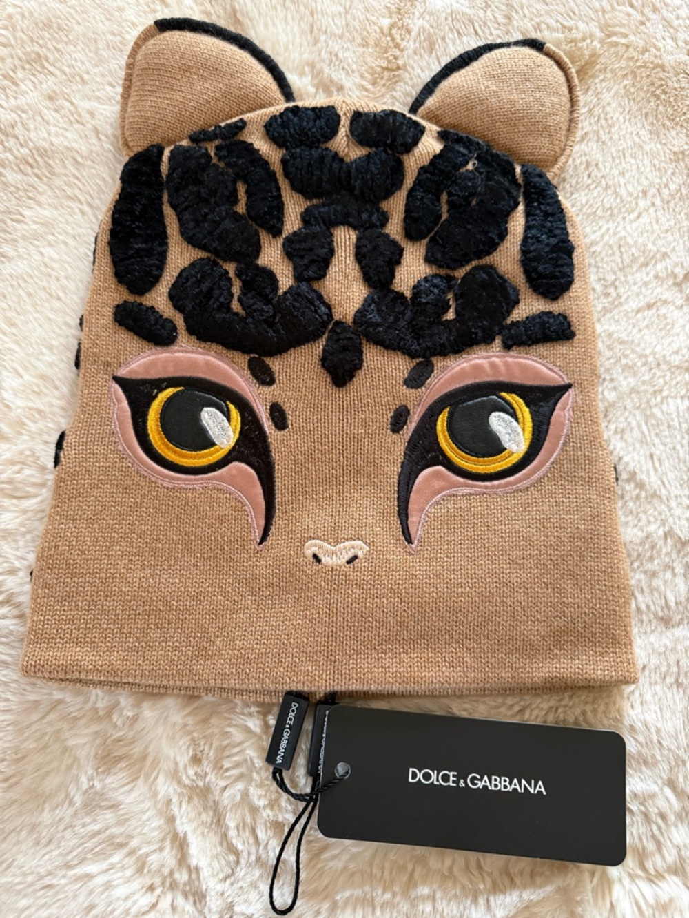 Dolce & Gabbana Camel Knit Hat with Black Embroidery